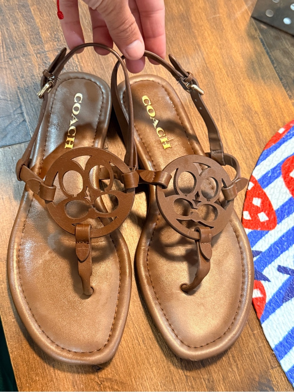 Coach Brown Leather Cutout T-Strap Sandals - Picture 2 of 4